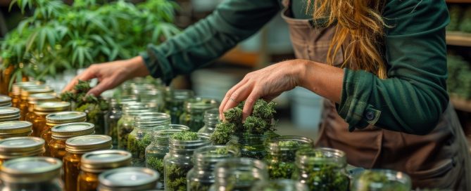 woman is handling and organizing cannabis buds into mason jars