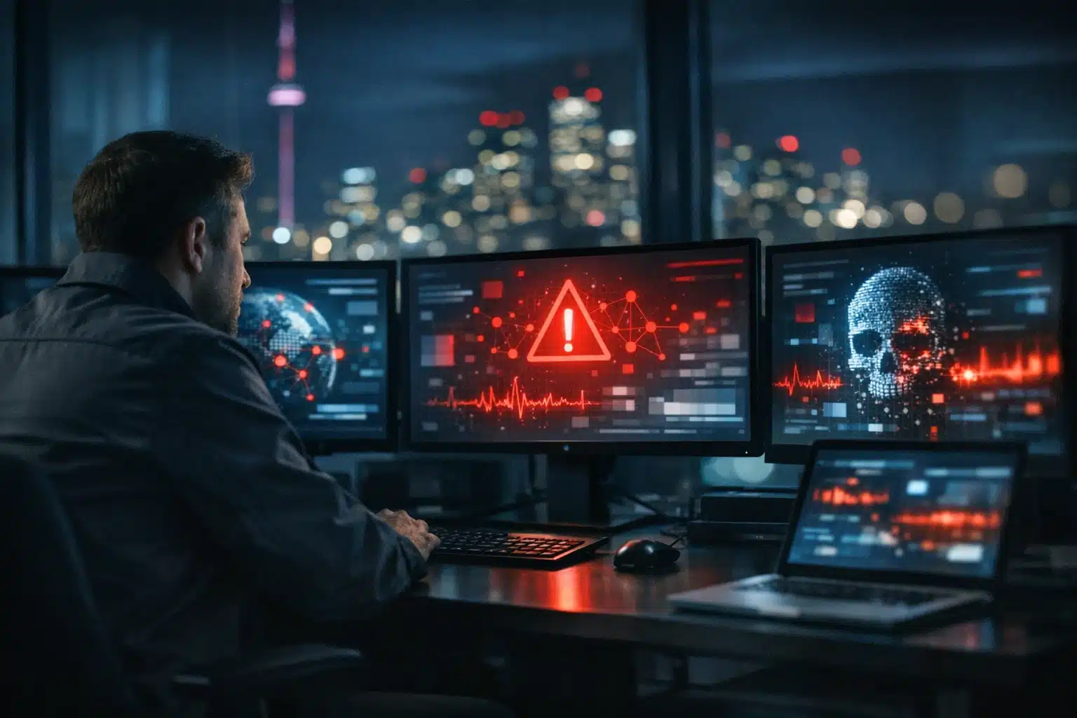 Security analyst reviewing abstract cyber threat visuals in a Toronto office