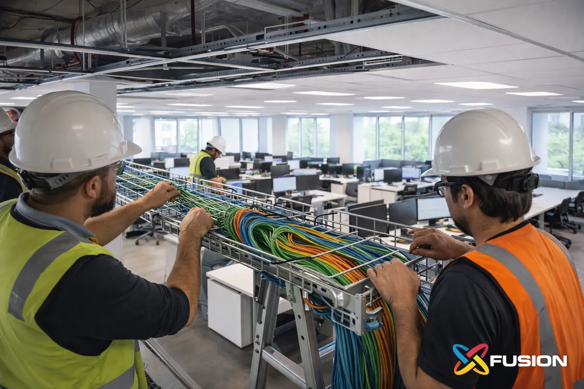 IT technicians installing structured network cabling above a drop ceiling during an office buildout