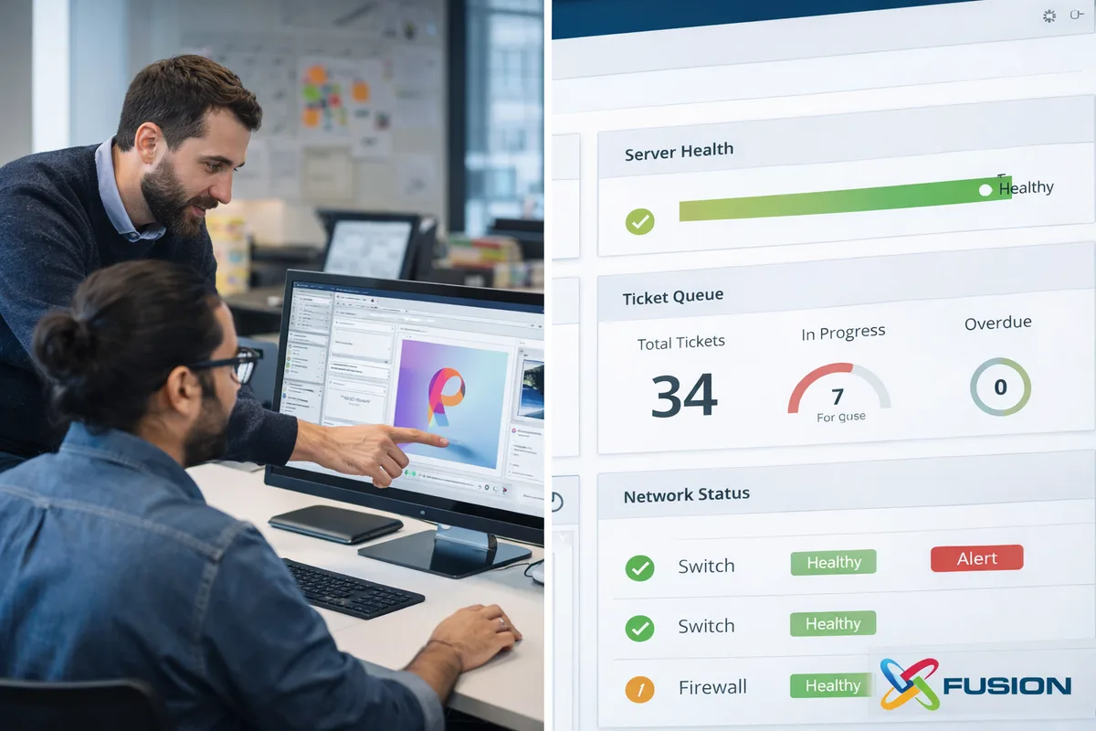Split view of onsite IT support helping a designer and a remote monitoring dashboard showing server health and ticket queue