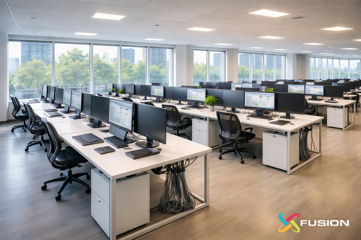 Modern open-plan design studio office with rows of high-performance workstations and dual monitors