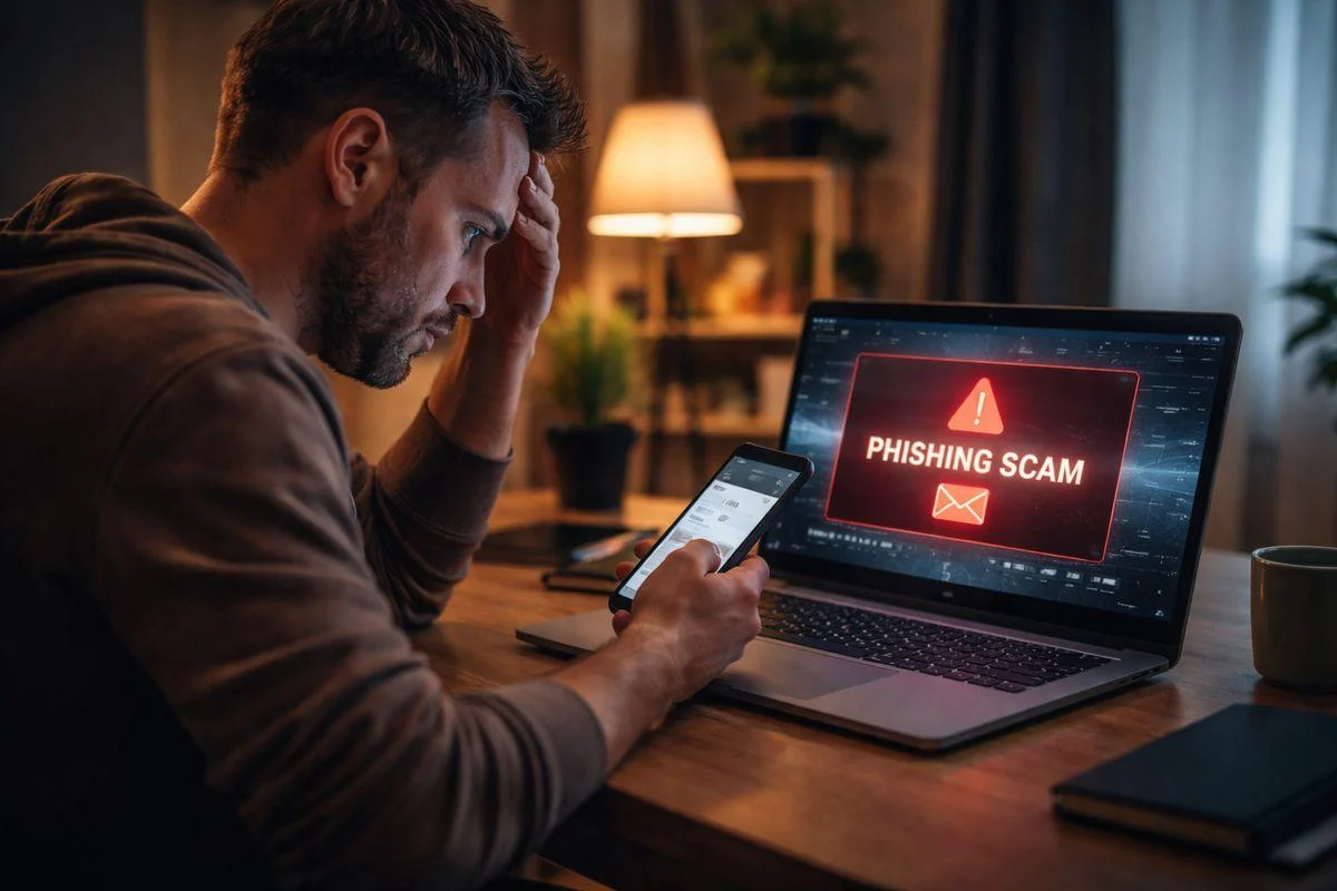 Stressed business owner dealing with phishing scam on laptop