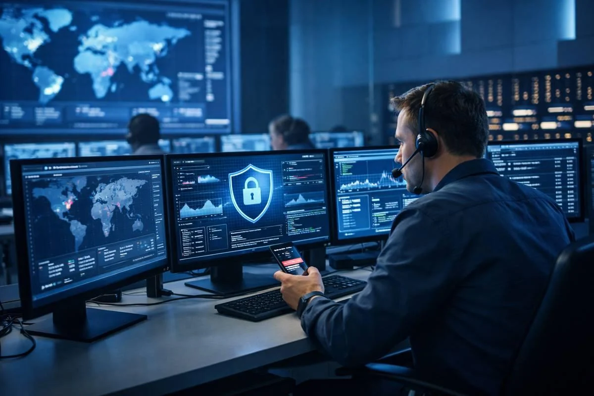 Security operations center analyst monitoring threat dashboards