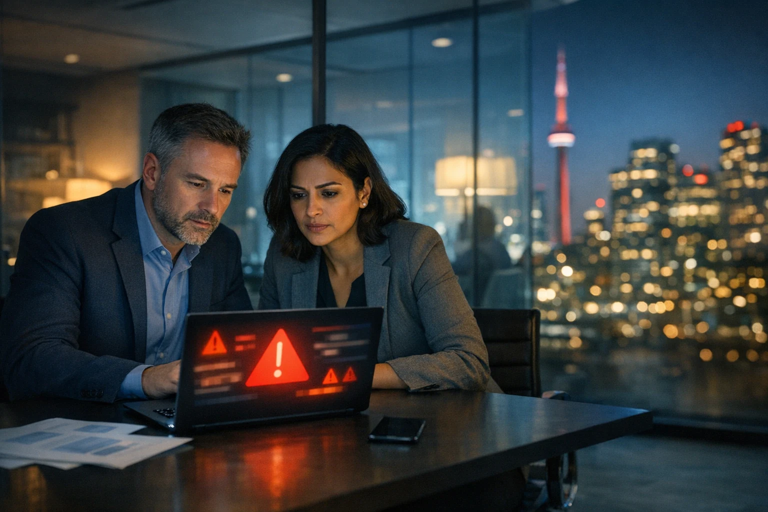 Business leaders reviewing a cybersecurity incident in a Toronto office at night