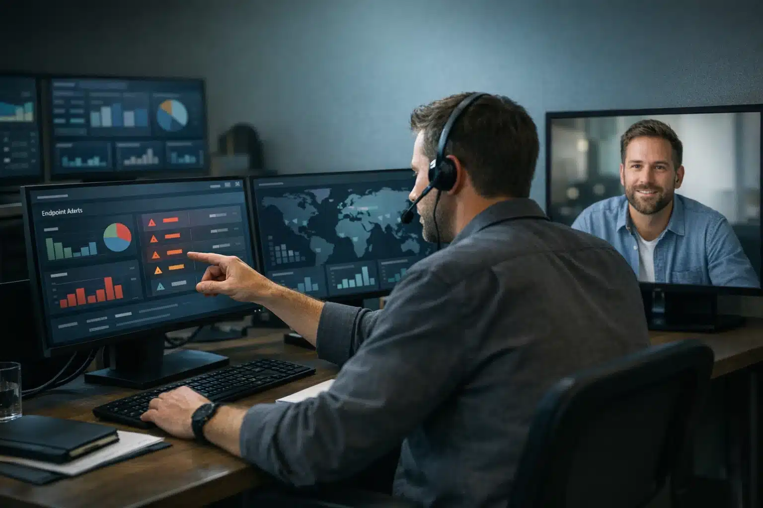 Managed detection and response analyst reviewing abstract security dashboards with a remote teammate