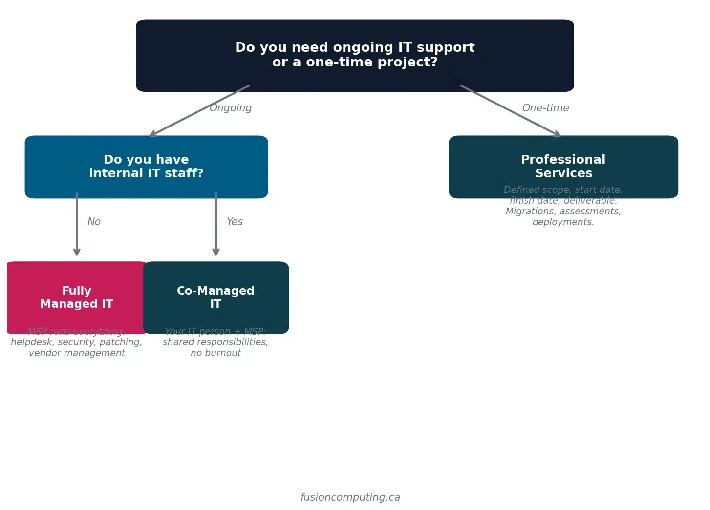 Decision flowchart showing three paths: professional services for one-time projects, fully managed IT for businesses without IT staff, and co-managed IT for businesses with existing internal IT