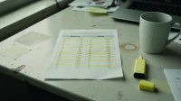 A printed before-and-after business outcomes spreadsheet on a Canadian marketing agency owner desk with several rows highlighted in yellow and a coffee mug