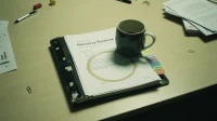 A printed recovery runbook in a binder open on a Canadian marketing agency conference table with tabs labelled stabilize remediate harden and a coffee mug