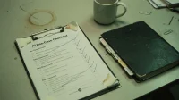A printed AI use-case checklist clipped to a clipboard on a Canadian conference table with handwritten checkmarks beside a coffee mug and a binder
