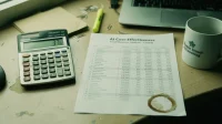 A printed AI cost-effectiveness spreadsheet on a Canadian small-business owner desk beside a calculator with smudged keys and a coffee mug with a ring stain