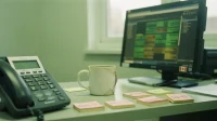 A Canadian SOC-style monitor angled away from camera showing a non-readable AI alert console with green and amber tiles beside a coffee mug and a desk phone