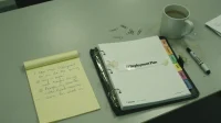 A black binder labelled AI deployment plan open on a Canadian conference table with tabs labelled by department and a yellow legal pad with handwritten notes