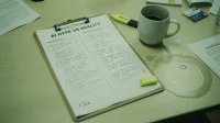 A printed AI hype-vs-reality comparison sheet clipped to a clipboard on a Canadian conference table with red-pen notes and a coffee mug with a ring stain