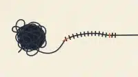 Editorial illustration in the Niemann style: a tangled ball of dark navy thread on the left resolves into a neat line of stitching on the right with two orange accent marks, implying order emerging from chaos