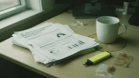 A stack of printed AI-driven attack briefings on a Canadian small-business owner desk with several pages dog-eared and a coffee mug with a ring stain