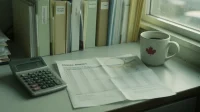 A Canadian small-business owner’s desk with a printed annual budget spreadsheet open beside a calculator with smudged keys and a coffee mug leaving a ring on the page