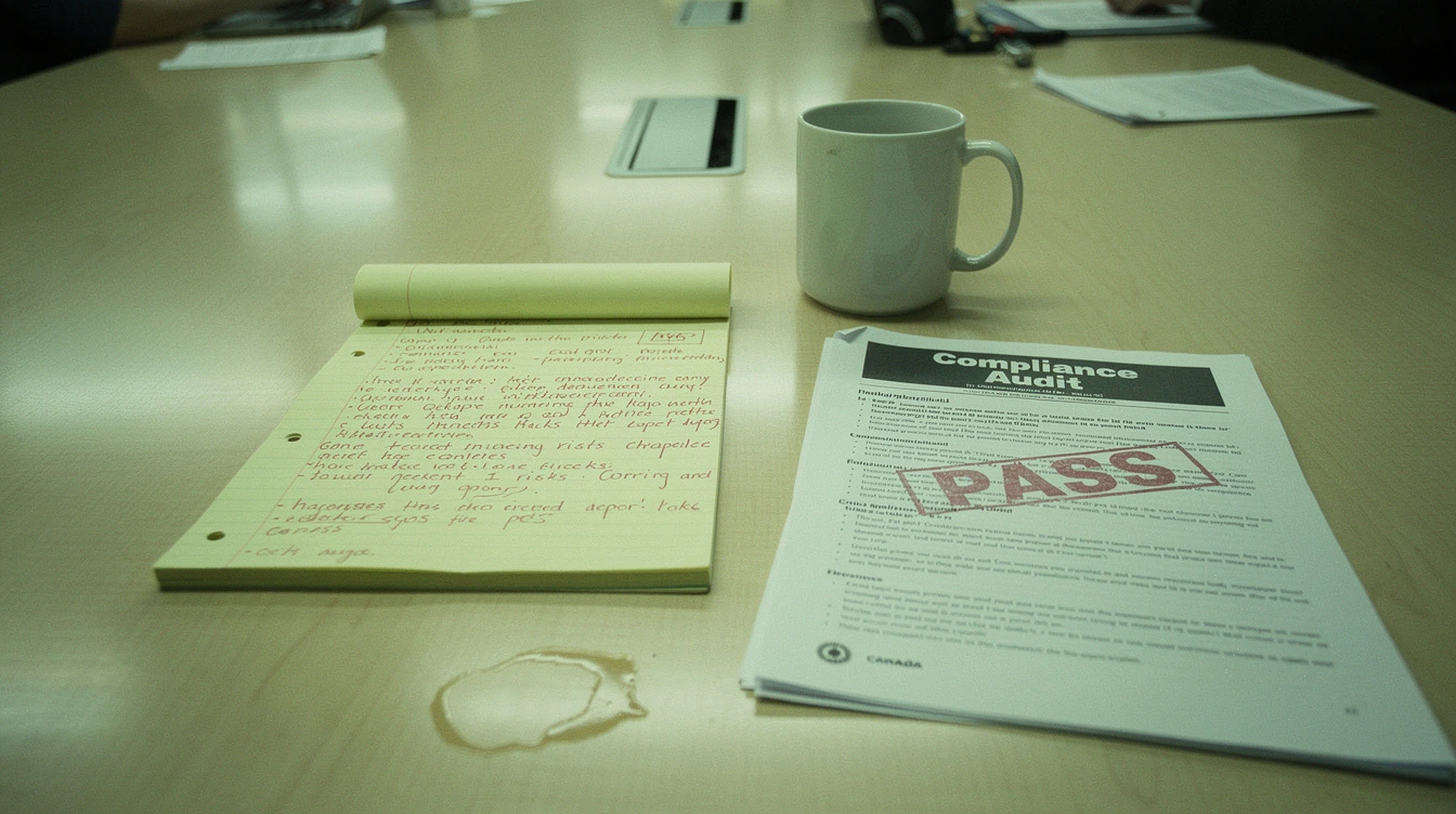 A printed compliance audit report stamped pass on a Canadian conference table beside a yellow legal pad with handwritten gaps in red pen