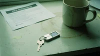 A YubiKey-style hardware MFA token on a metal keychain resting on a Canadian small-business owner desk beside a coffee mug and a printed onboarding note