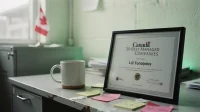 A printed Canada 50 Best Managed IT Companies award certificate on a Canadian small-office desk beside a coffee mug and a small Canadian flag