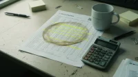 A printed IT metrics baseline spreadsheet on a Canadian small-business owner desk beside a calculator and a coffee mug leaving a ring on the page