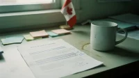 Printed Bill C-8 status update on a Canadian small-business owner desk beside a small Canadian flag