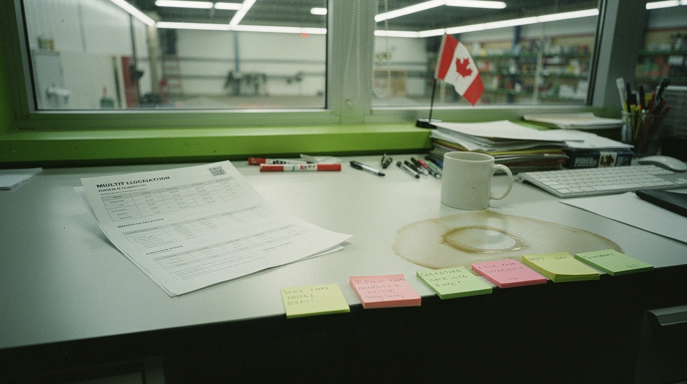 A Canadian cannabis retail back-office desk with a printed multi-location overview document beside a coffee mug and a small Canadian flag