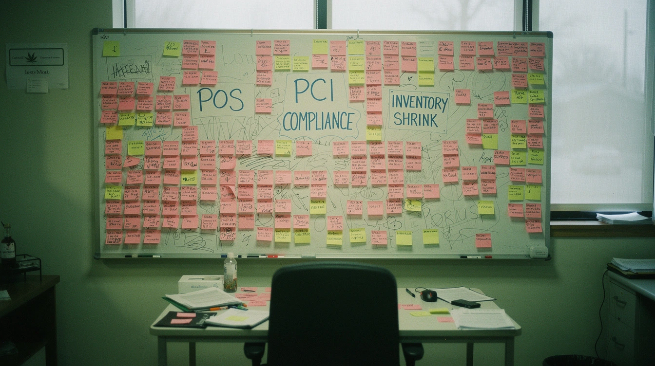 A wall of pink and yellow post-it notes on a Canadian cannabis retail back-office whiteboard labelled with risks like POS PCI inventory shrink
