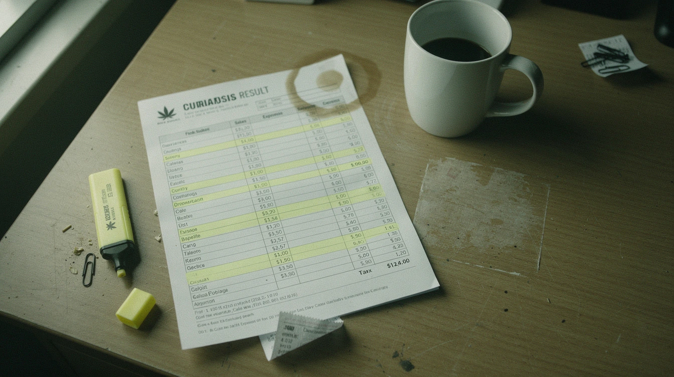 A printed cannabis-retail before-and-after results spreadsheet on a Canadian small-business owner desk with several rows highlighted and a coffee mug