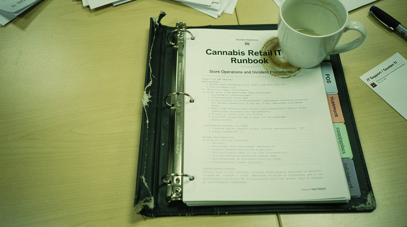 A printed cannabis-retail IT runbook in a binder open on a Canadian conference table with tabs labelled POS network compliance and a coffee mug