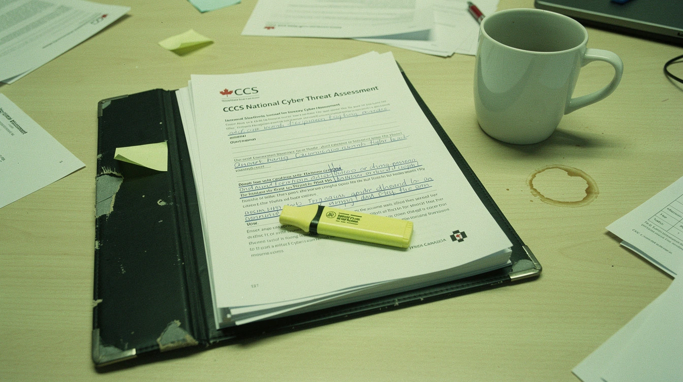 A printed CCCS National Cyber Threat Assessment in a binder open on a Canadian conference table with several pages dog-eared and a coffee mug