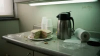 A small office break-room counter with a half-cut sheet cake disposable plates a stack of paper cups and a coffee thermos under fluorescent lighting