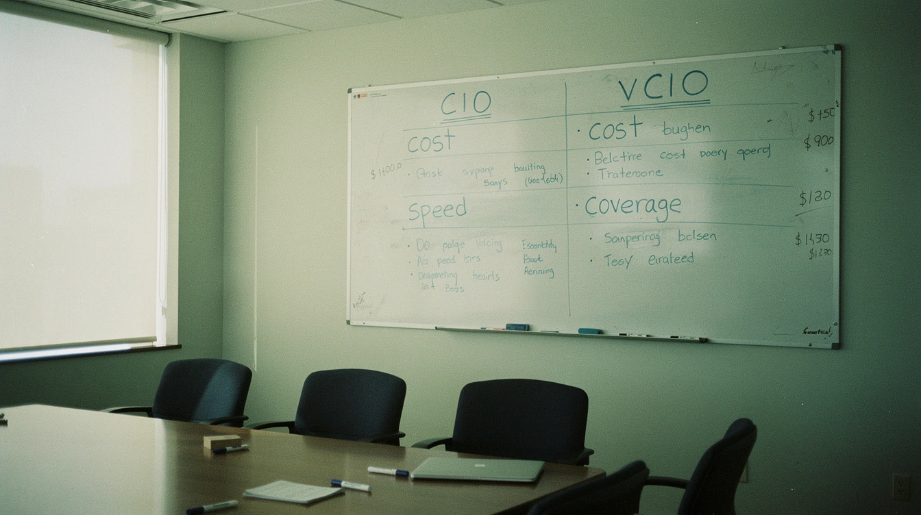 A Canadian boardroom whiteboard with two hand-drawn columns labelled CIO and vCIO in blue marker with rows for cost speed coverage