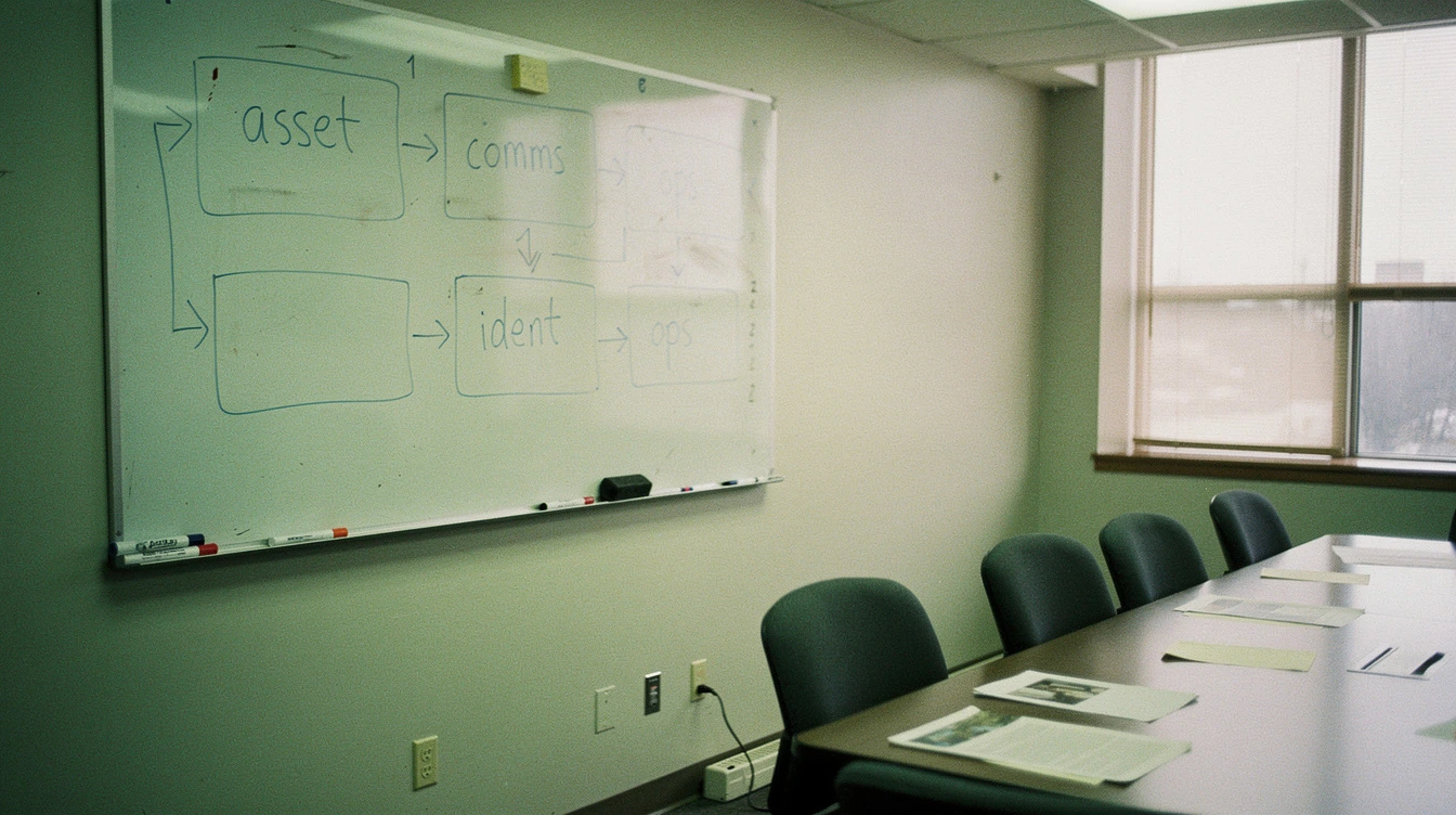 A Canadian boardroom whiteboard with eight hand-drawn boxes labelled with the CISSP domains