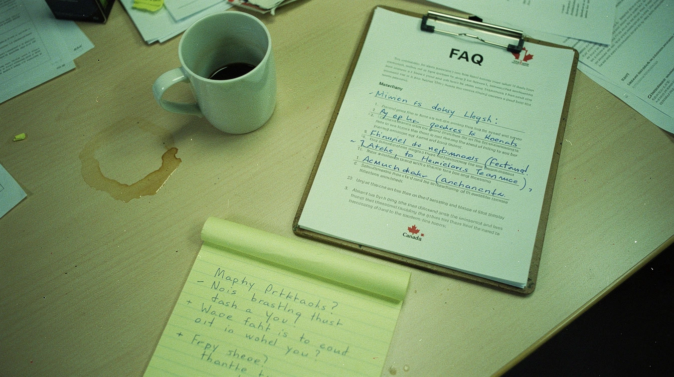 A printed CISSP FAQ document clipped to a clipboard on a Canadian conference table beside a coffee mug and a yellow legal pad