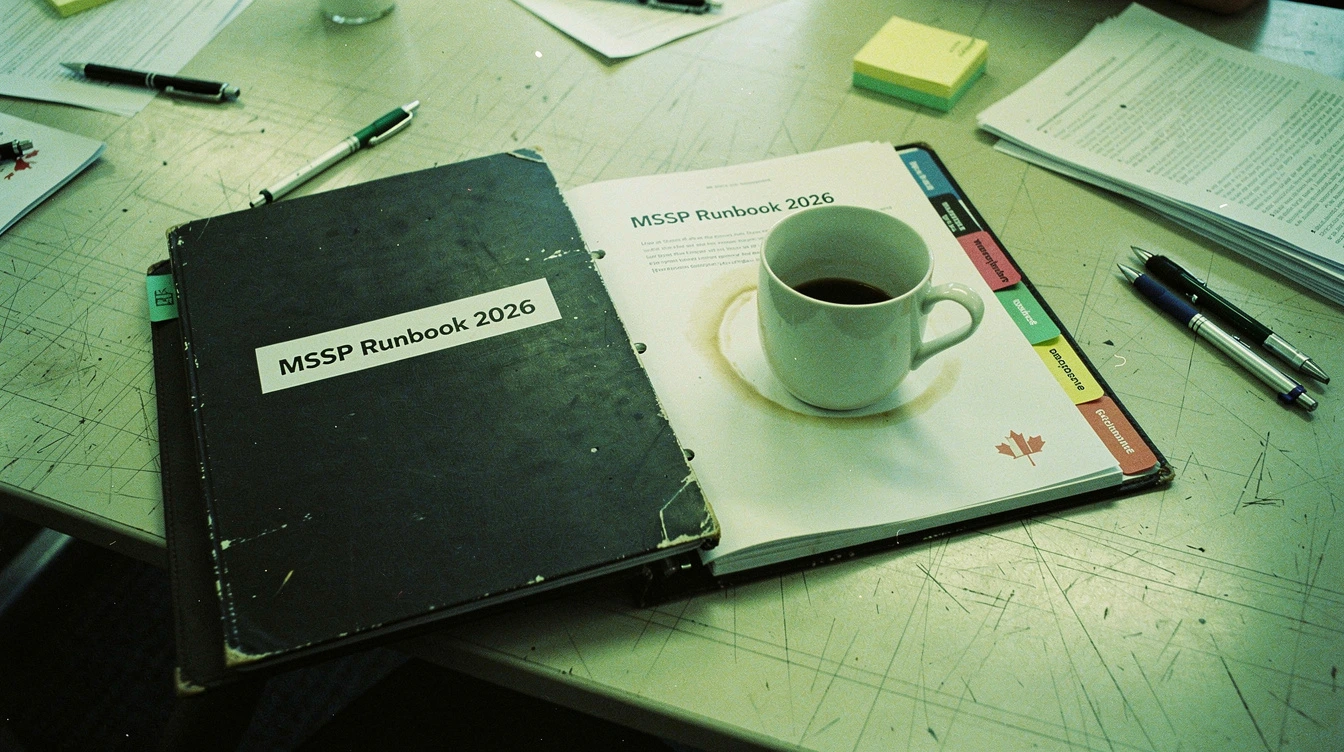 A printed MSSP runbook in a binder open on a Canadian conference table