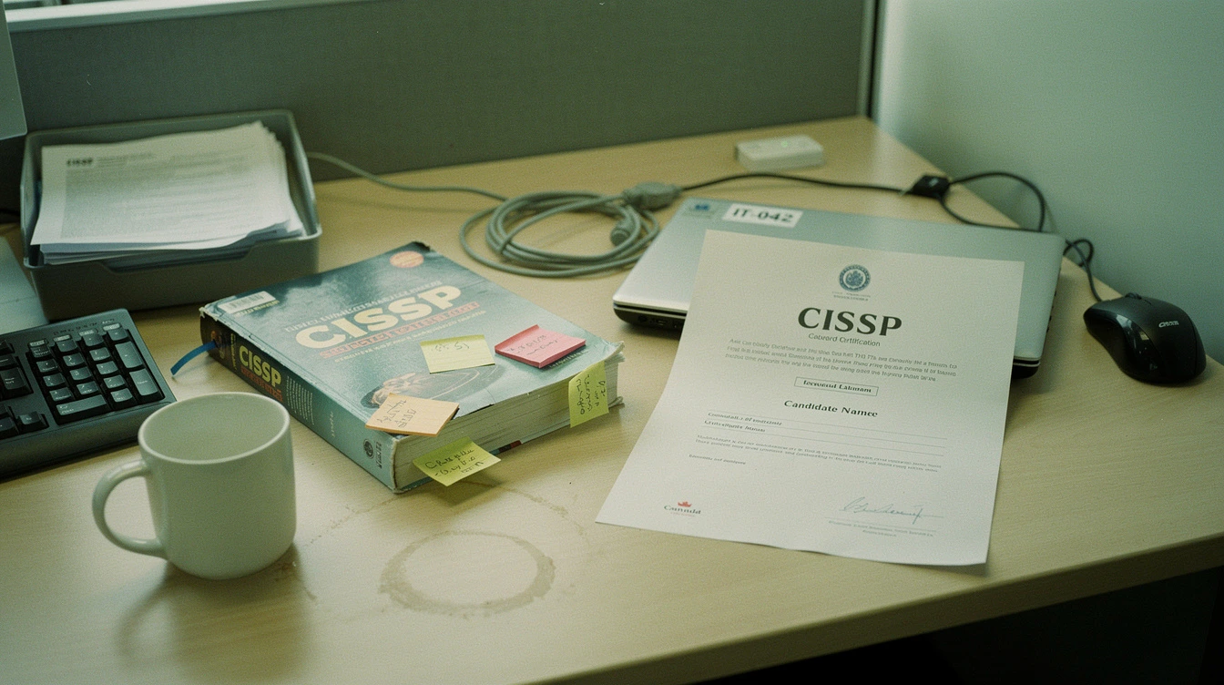 A printed CISSP certification document on a Canadian IT-office desk beside a study guide