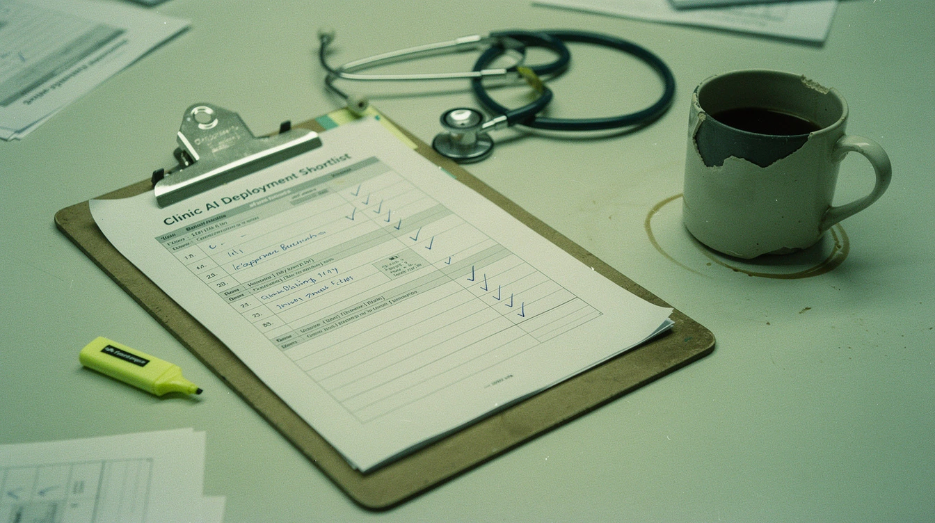A printed clinic-AI deployment shortlist clipped to a clipboard on a Canadian healthcare-clinic conference table beside a stethoscope and a coffee mug
