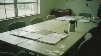 A Canadian shared-table workspace with several open binders a printed community member list a coffee thermos and a row of empty chairs around the table