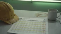 A printed before-and-after IT operations spreadsheet on a Canadian construction-firm desk beside a hard hat and a coffee mug with a faint ring stain