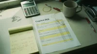A printed Copilot ROI spreadsheet on a Canadian small-business owner desk with several time-saved rows highlighted in yellow and a calculator beside it