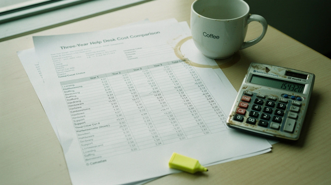 A printed three-year help desk cost comparison spreadsheet on a Canadian meeting-room table beside a calculator with smudged keys and a coffee mug