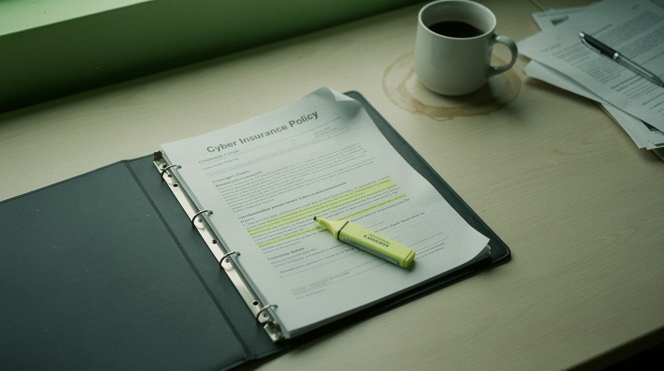 A printed cyber insurance policy in a binder open on a Canadian conference table with a yellow highlighter and several pages dog-eared