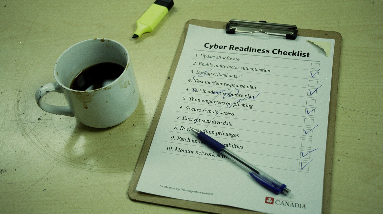 A printed 10-point cyber readiness checklist clipped to a clipboard on a Canadian conference table with handwritten checkmarks beside a coffee mug