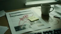 A printed screenshot of a defaced website on a Canadian small-business owner desk with a red sticky note on top reading restored beside a coffee mug