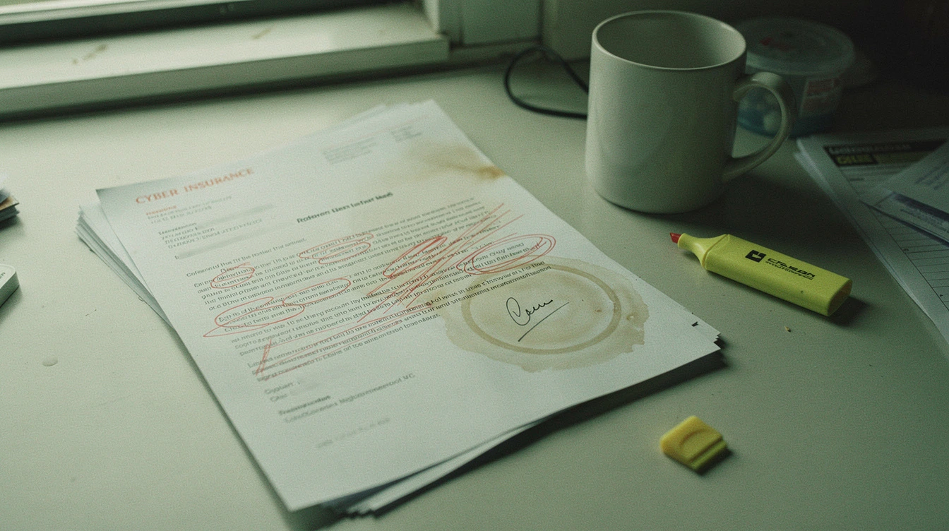 A small stack of printed cyber insurance denial letters on a Canadian small-business owner desk with red-pen circles around the denial reasons