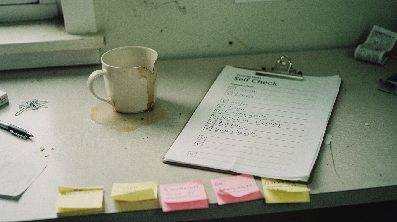 A printed IT self-check clipboard on a Canadian small-business owner’s desk beside a half-drunk coffee mug and a row of post-it notes