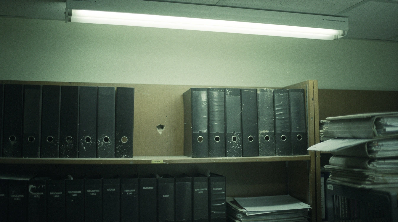 A Canadian office bookshelf with an empty space where a disaster recovery binder should be beside a row of unrelated binders covered in dust
