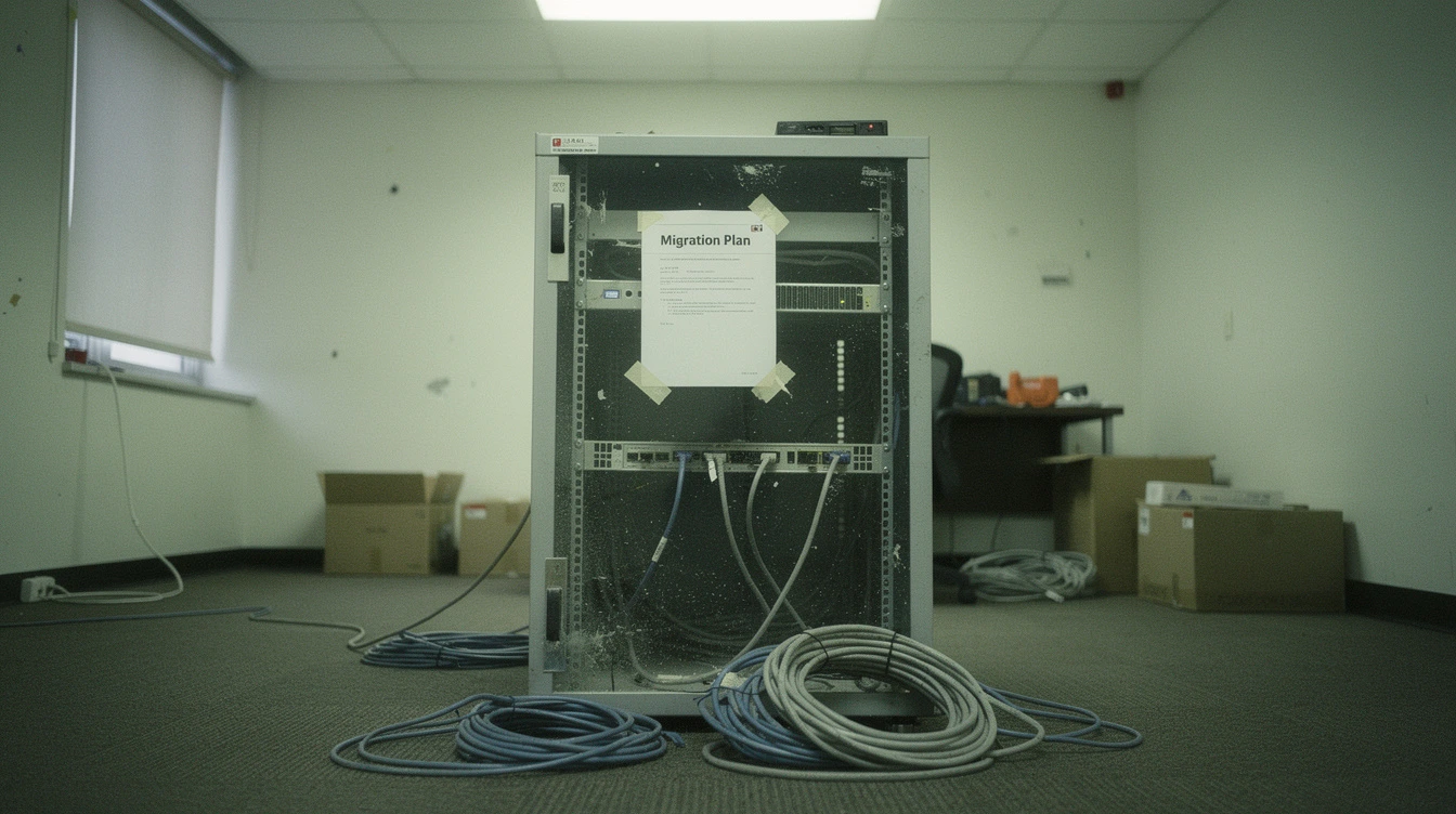 An empty Canadian small office server rack with cables coiled on the floor and a printed migration plan taped to the door