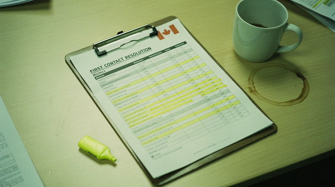 A printed first-contact resolution metrics report clipped to a clipboard on a Canadian conference table beside a coffee mug and a yellow highlighter