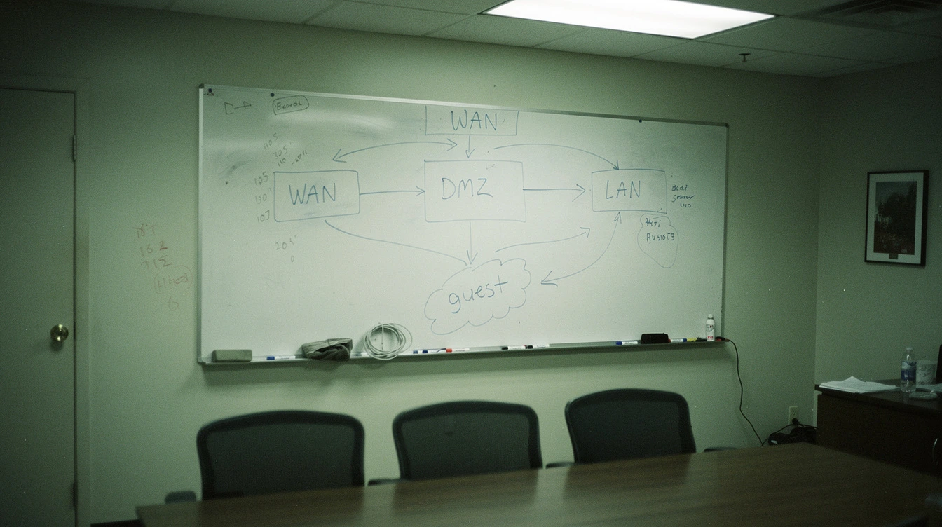 A Canadian boardroom whiteboard with hand-drawn network zones labelled WAN DMZ LAN guest in blue marker with arrows showing traffic flows